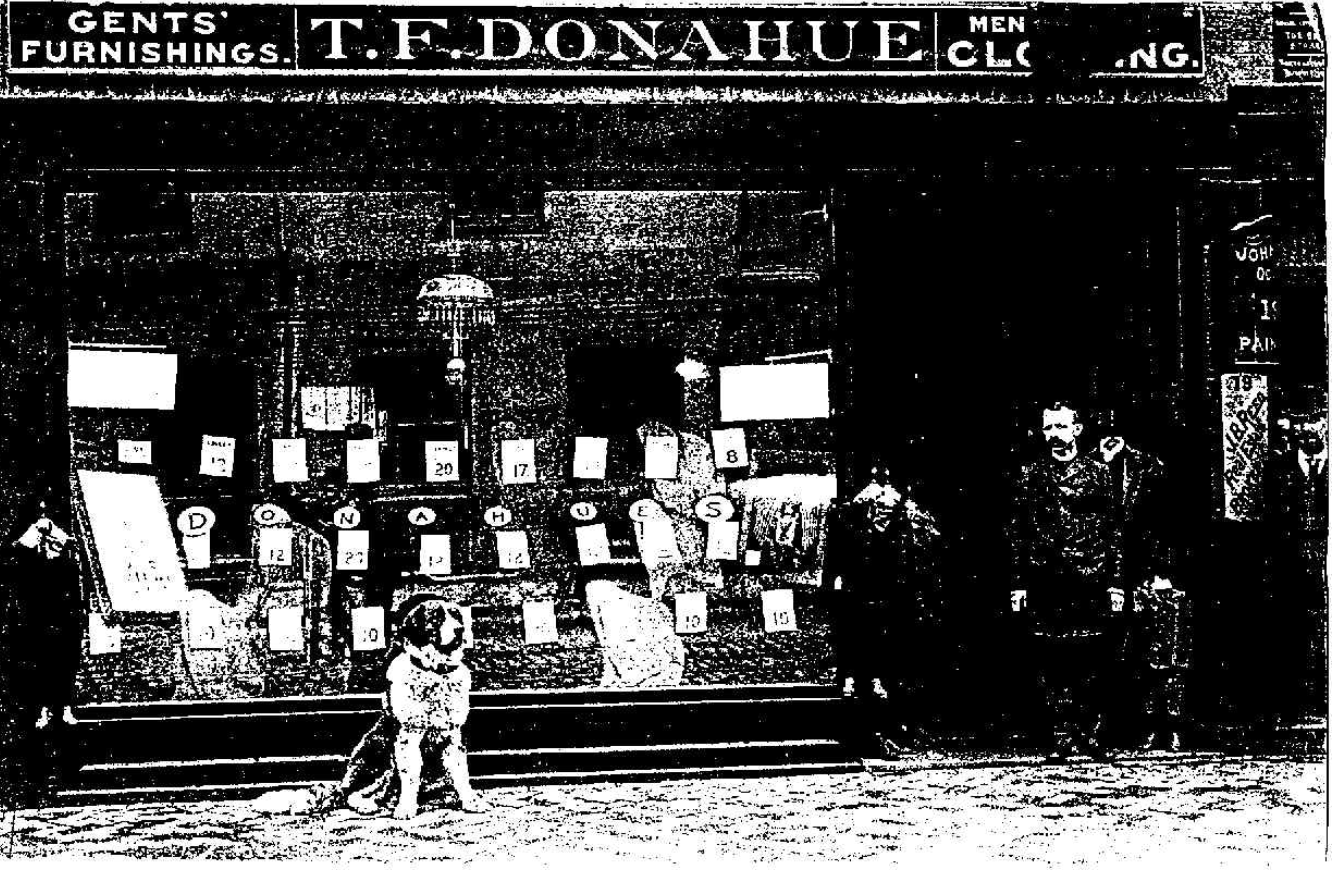 Thomas Donahue in front of his Monument Square clothing store